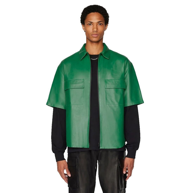 Men’s Green Leather Shirt – Short Sleeve Street Style