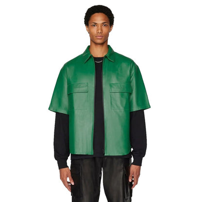 Men’s Green Leather Shirt – Short Sleeve Street Style