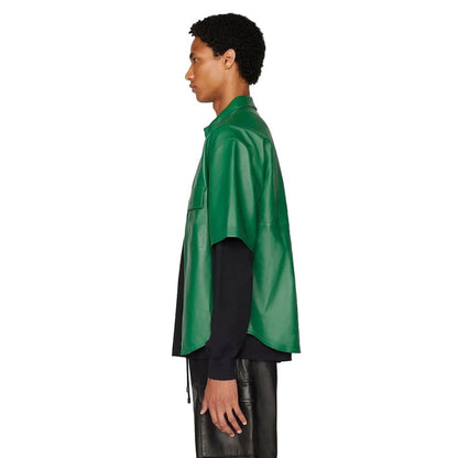 Men’s Green Leather Shirt – Short Sleeve Street Style