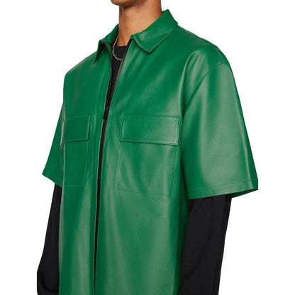 Men’s Green Leather Shirt – Short Sleeve Street Style