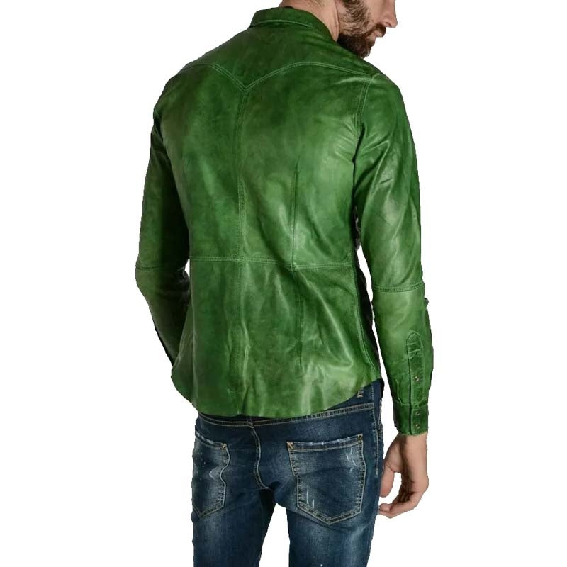 Men’s Green Napa Lamb Leather Biker Shirt – Full Sleeves Edition