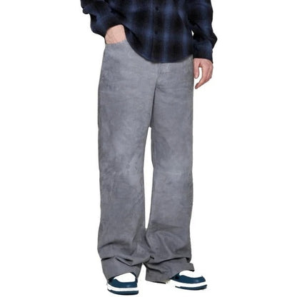 Men’s Grey Suede Wide-Leg Leather Pants