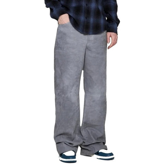 Men’s Grey Suede Wide-Leg Leather Pants