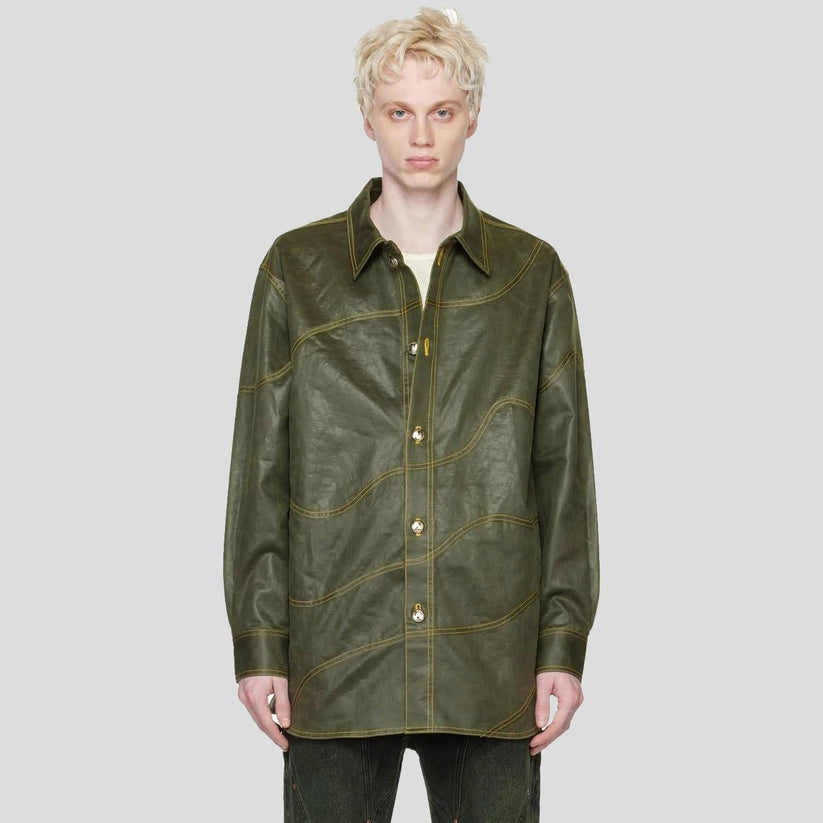 Men’s Khaki Sheepskin Leather Shirt – Wave Texture Edition