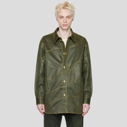 Men’s Khaki Sheepskin Leather Shirt – Wave Texture Edition