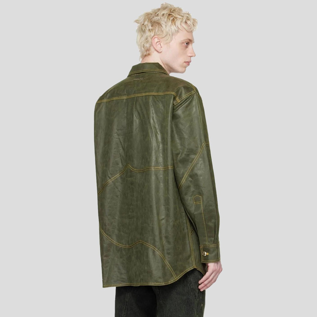 Men’s Khaki Sheepskin Leather Shirt – Wave Texture Edition