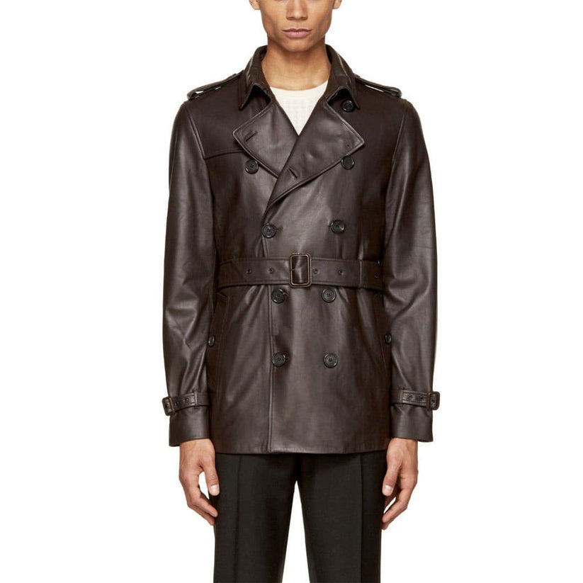 Men's Double-Breasted Lambskin Leather Trench Coat with Belt