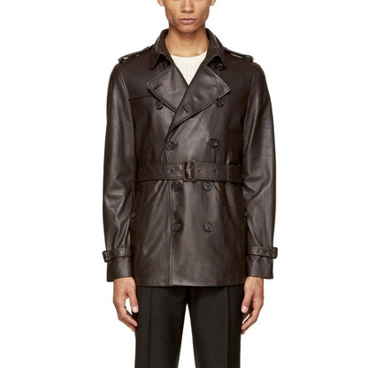 Men's Double-Breasted Lambskin Leather Trench Coat with Belt