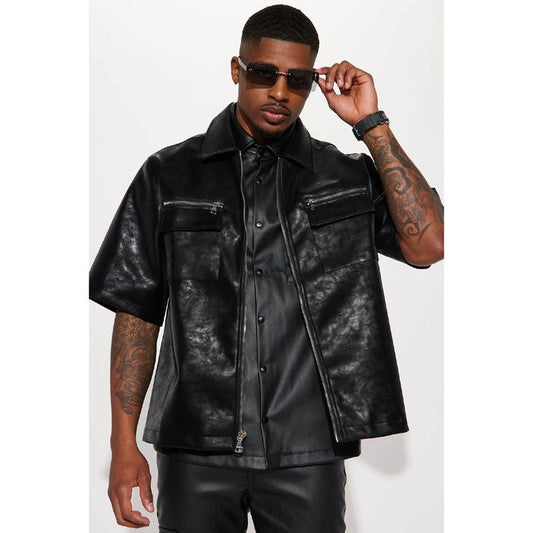 Men’s Black Leather Zip-Up Shirt – Short Sleeve Urban Fit