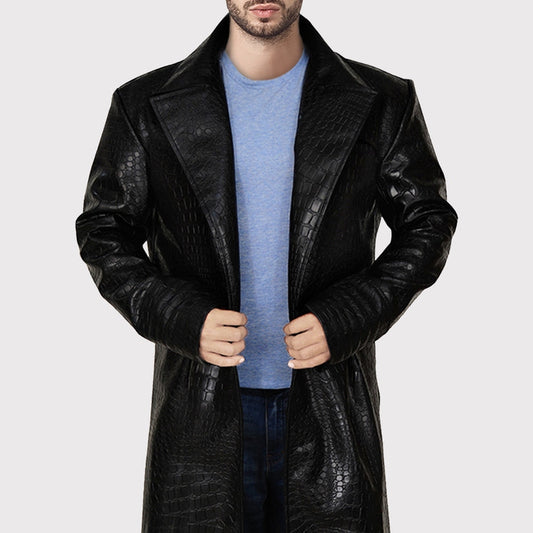Men’s Long Black Faux Alligator Leather Coat