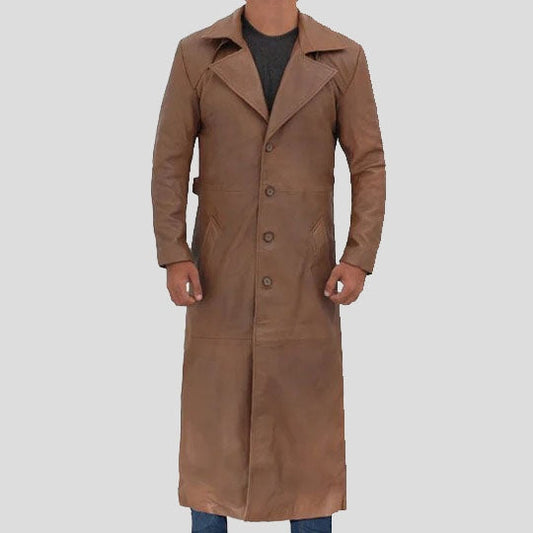 Men’s Long Brown Leather Trench Coat