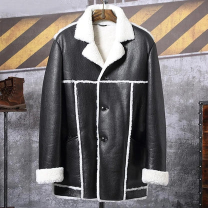 Men’s Long Black Sheepskin Shearling Trench Coat – Winter Luxury
