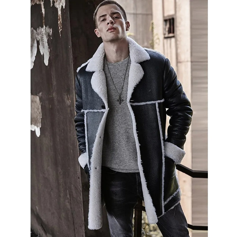 Men’s Long Black Sheepskin Shearling Trench Coat – Winter Luxury