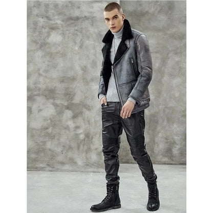 Men's Metallic Gray B3 Shearling Bomber Jacket – Genuine Leather