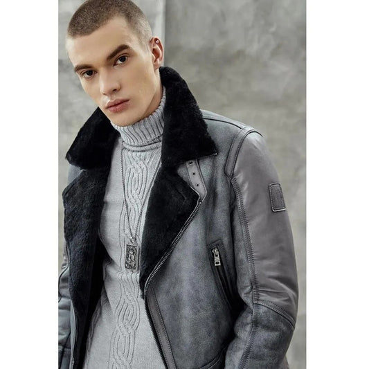 Men's Metallic Gray B3 Shearling Bomber Jacket – Genuine Leather