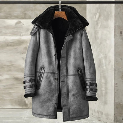 Men’s Metallic Gray B7 Shearling Coat – Long Fur Bomber Jacket