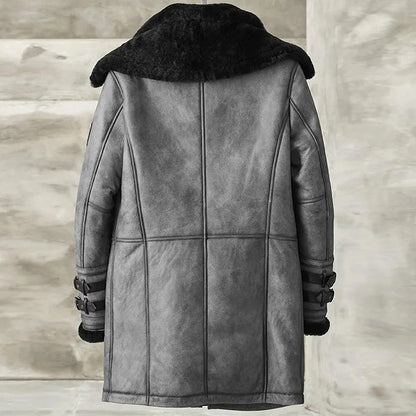 Men’s Metallic Gray B7 Shearling Coat – Long Fur Bomber Jacket