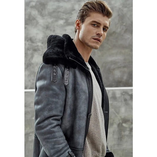 Men’s Metallic Gray B7 Shearling Coat – Long Fur Bomber Jacket