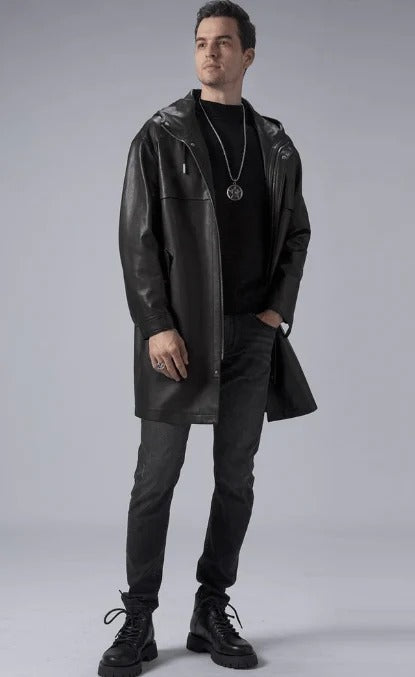 Men’s Black Hooded Leather Trench Coat – Mid-Length Winter Style