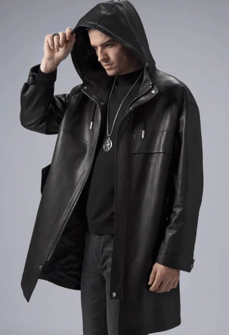 Men’s Black Hooded Leather Trench Coat – Mid-Length Winter Style