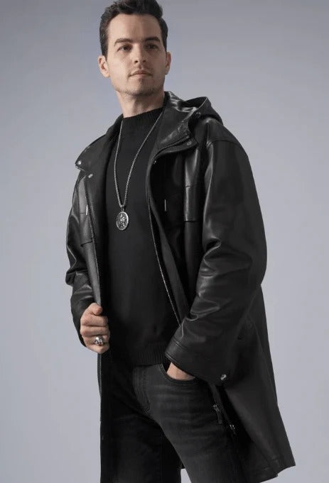 Men’s Black Hooded Leather Trench Coat – Mid-Length Winter Style