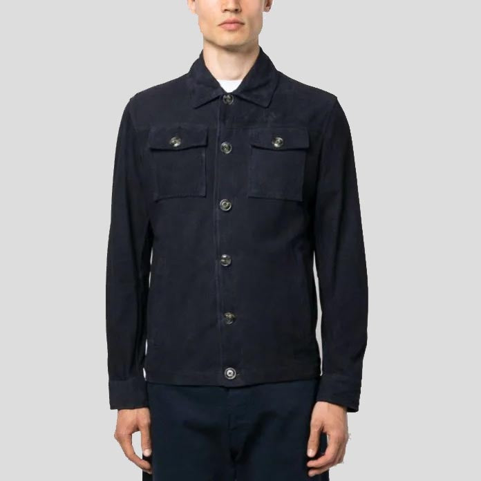 Men’s Navy Blue Suede Shirt Jacket – Button-Up Luxe Edition