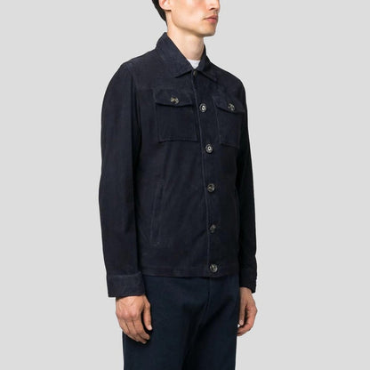 Men’s Navy Blue Suede Shirt Jacket – Button-Up Luxe Edition