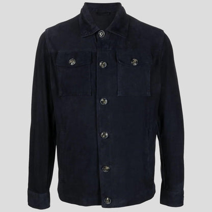 Men’s Navy Blue Suede Shirt Jacket – Button-Up Luxe Edition
