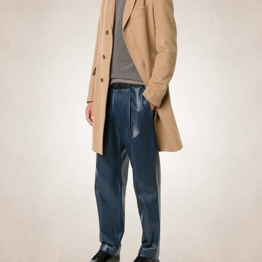 Men’s Navy Blue Pleated Leather Pants – Bold Sophisticated Fit