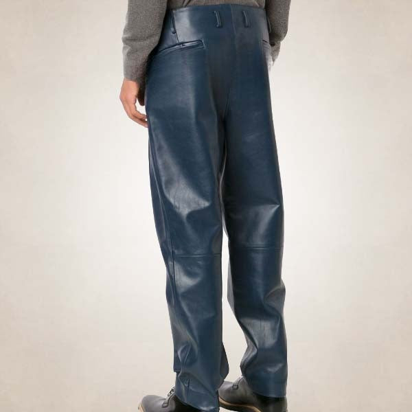 Men’s Navy Blue Pleated Leather Pants – Bold Sophisticated Fit