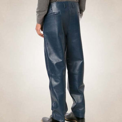 Men’s Navy Blue Pleated Leather Pants – Bold Sophisticated Fit
