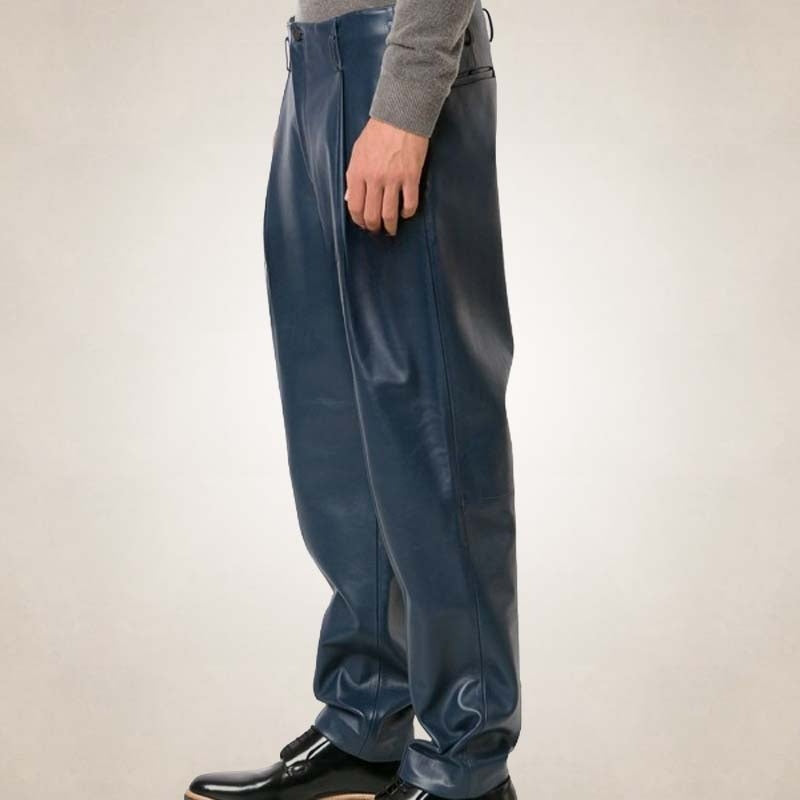 Men’s Navy Blue Pleated Leather Pants – Bold Sophisticated Fit