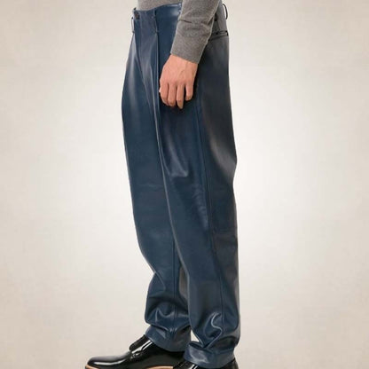 Men’s Navy Blue Pleated Leather Pants – Bold Sophisticated Fit