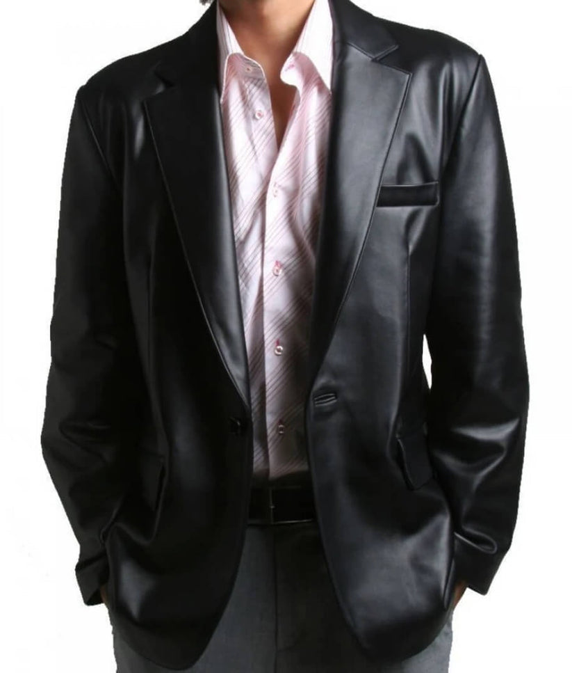 Men’s Black Lambskin Leather Blazer – One-Button Slim Fit Jacket