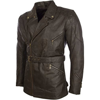 Men’s Real Cowhide Belted Leather Motorbike Coat