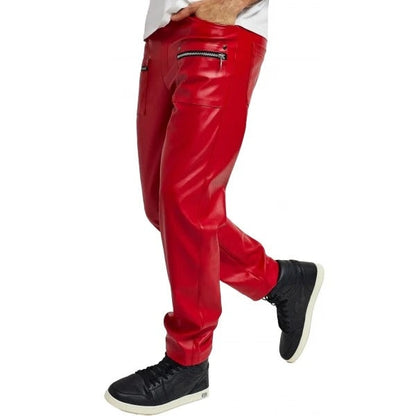 Men’s Red Leather Pants – Slim Fit with Zip Pockets