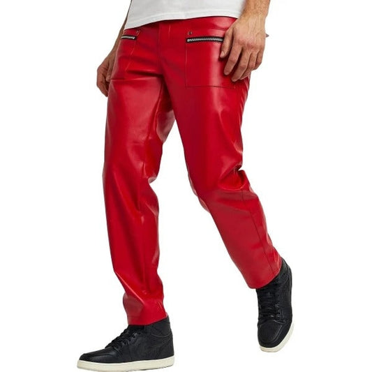 Men’s Red Leather Pants – Slim Fit with Zip Pockets