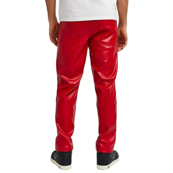 Men’s Red Leather Pants – Slim Fit with Zip Pockets