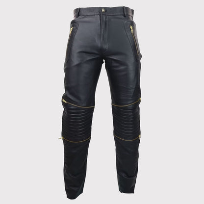 Men’s Vintage Black Leather Jeans with Gold Zips – Goth Punk Style