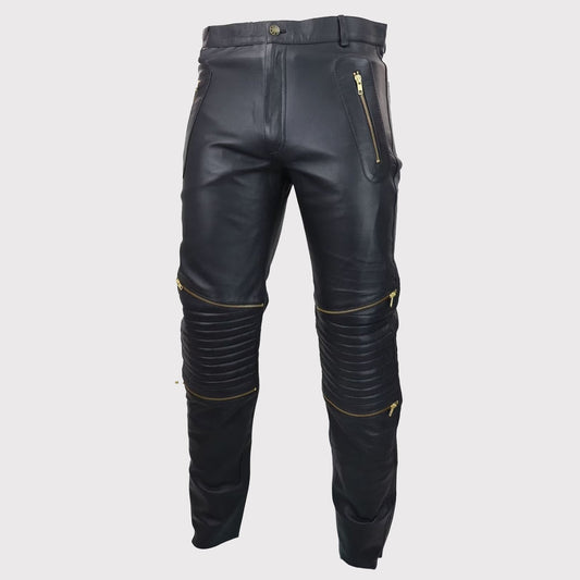 Men’s Vintage Black Leather Jeans with Gold Zips – Goth Punk Style