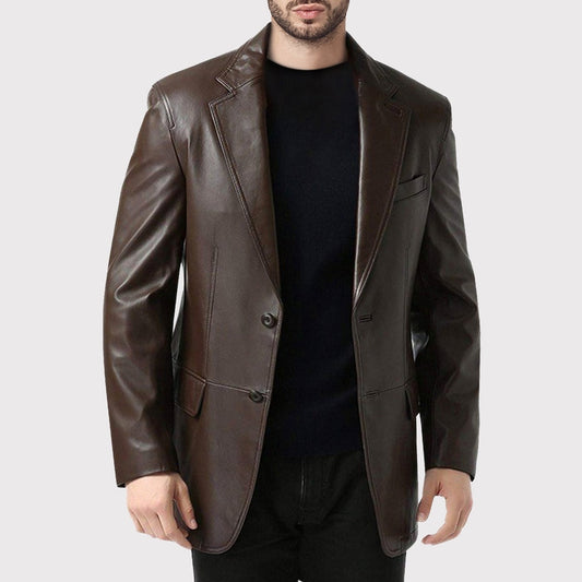 Men's Brown Leather Blazer Coat – Single Breasted, Tailored Fit