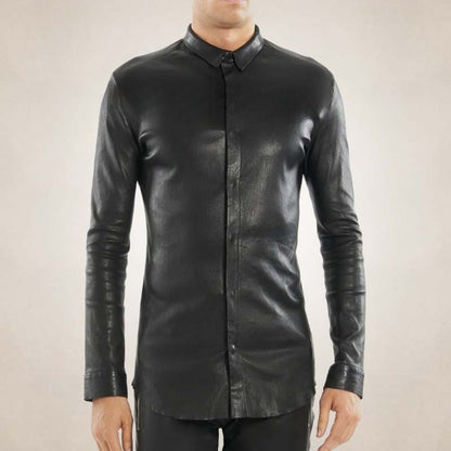 Men’s Slim Fit Black Leather Shirt – Tailored Street Style