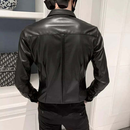 Men’s Slim Fit Sheepskin Leather Shirt Jacket – Black Edition