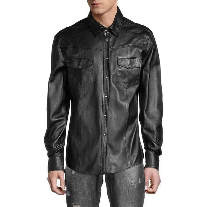 Men’s Slim Fit Soft Leather Shirt – Full Sleeve Button-Up