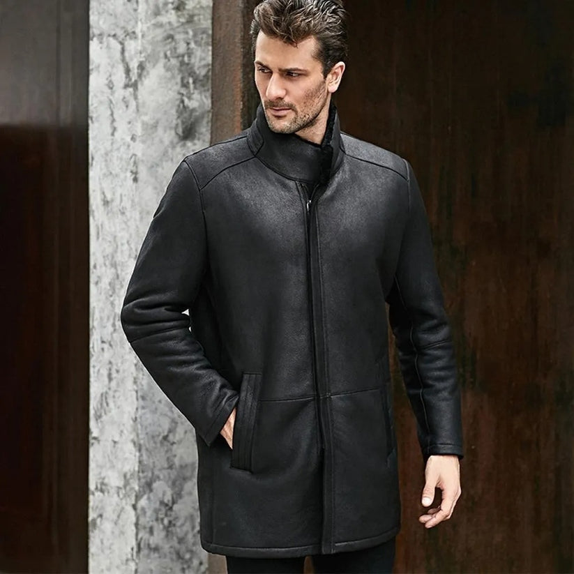 Men’s Black Shearling Long Coat – Stand Collar Winter Overcoat