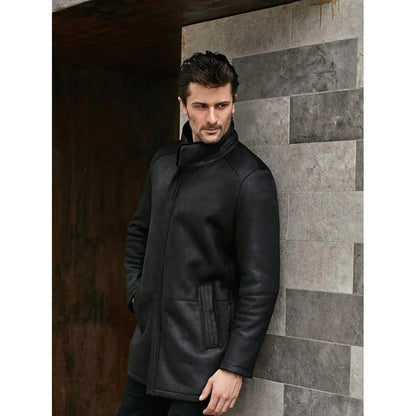 Men’s Black Shearling Long Coat – Stand Collar Winter Overcoat