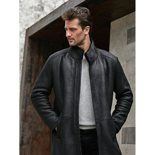 Men’s Black Shearling Long Coat – Stand Collar Winter Overcoat