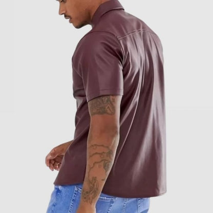Men’s Burgundy Sheepskin Leather Shirt – Short Sleeve Street Style