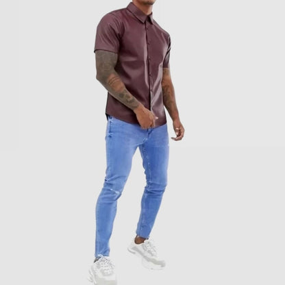 Men’s Burgundy Sheepskin Leather Shirt – Short Sleeve Street Style