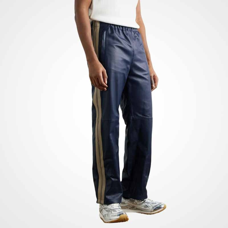 Men’s Striped Leather Pants with Elastic Waist – Trendy Comfort Fit